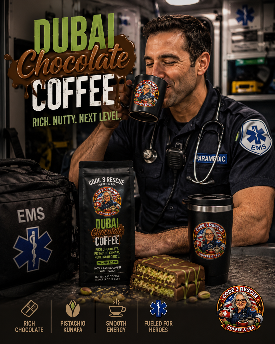 Assorted Dubai chocolate by Code 3 Rescue Coffee and Tea with vibrant packaging and smooth, rich chocolate inside.