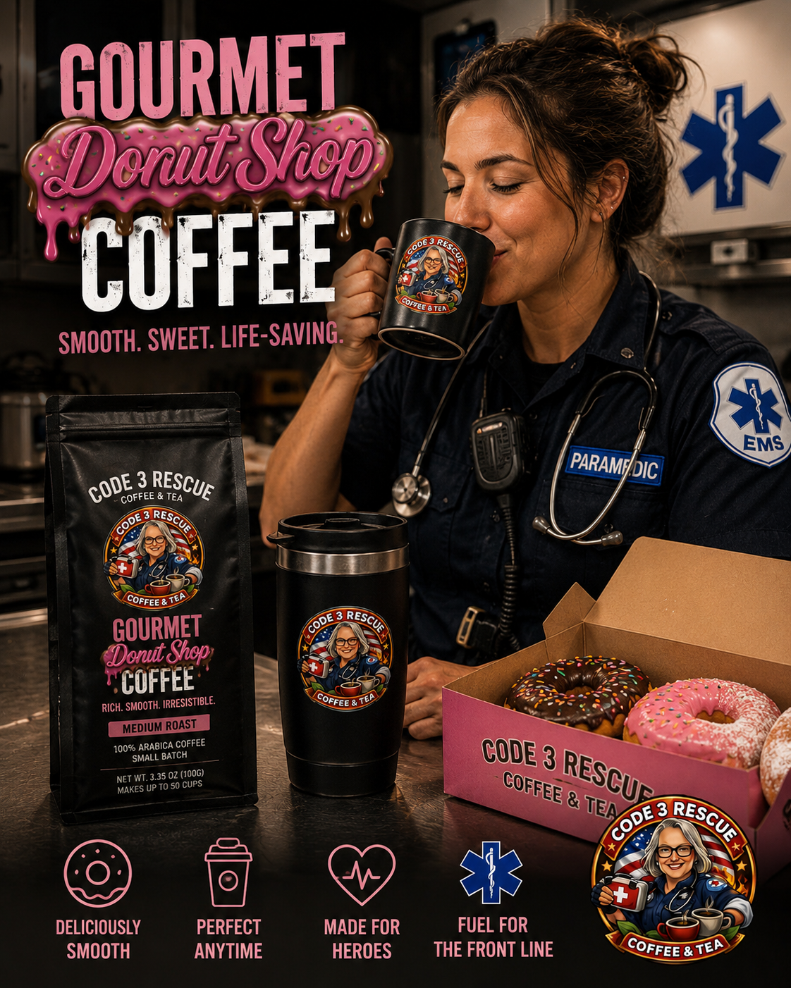 Colorful gourmet donuts from Code 3 Rescue Coffee and Tea, featuring vibrant glazes, sprinkles, and varied toppings in a bakery display.