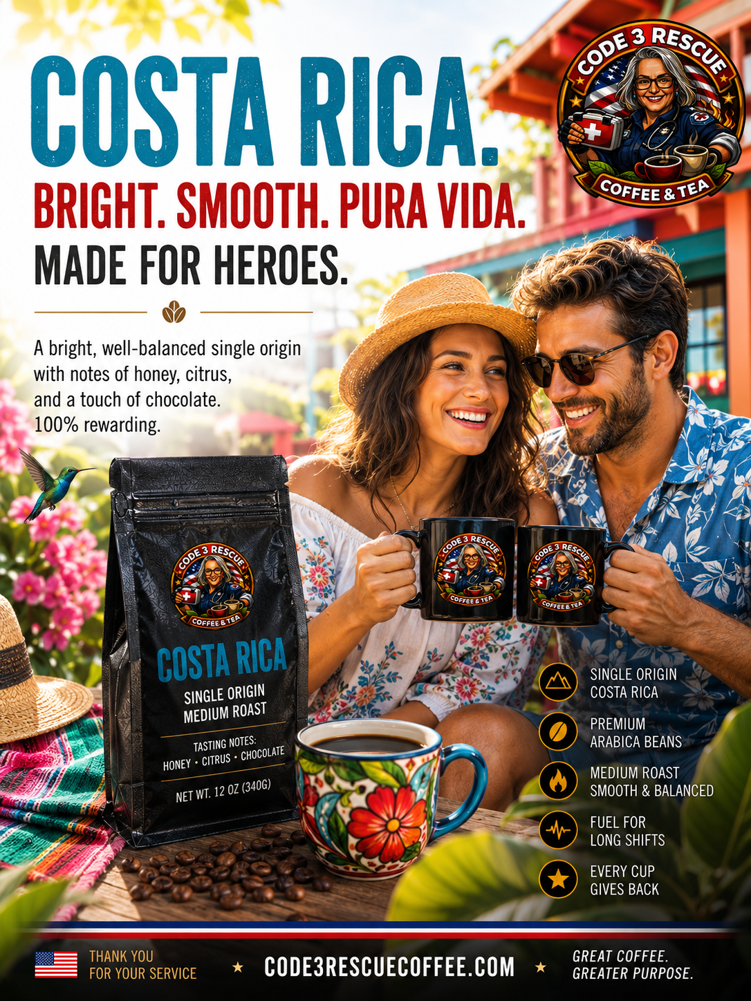 Fresh Costa Rica coffee beans from Code 3 Rescue Coffee and Tea, displayed in a clear bag highlighting their rich, aromatic quality.