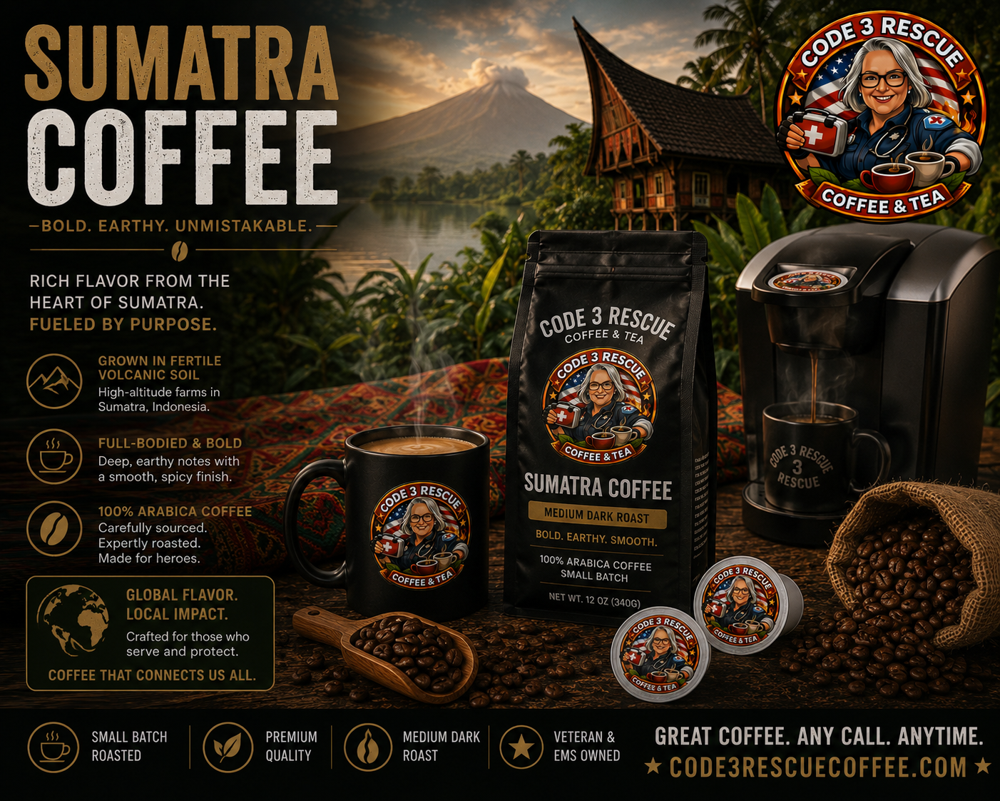 Bag of Sumatra coffee from Code 3 Rescue Coffee and Tea featuring dark roast packaging and a detailed label.