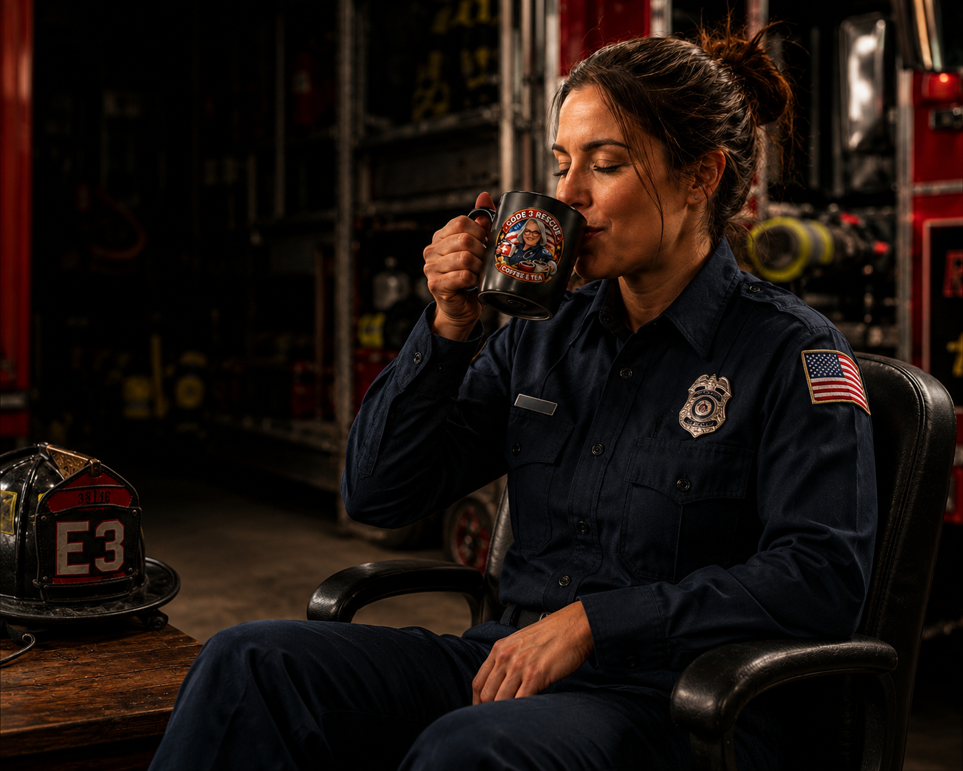 Medium roast coffee with mushroom ingredients from Code 3 Rescue Coffee and Tea, featuring a steaming cup and fresh mushrooms in the background.