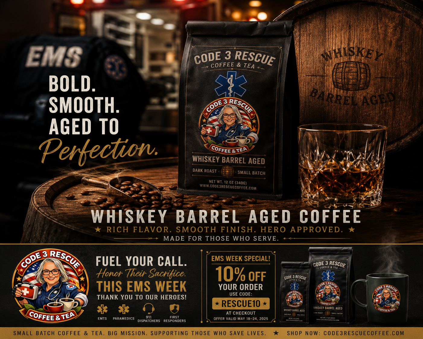 Code 3 Rescue Coffee whiskey barrel-aged coffee beans in a rustic barrel, highlighting dark roast and aging process.