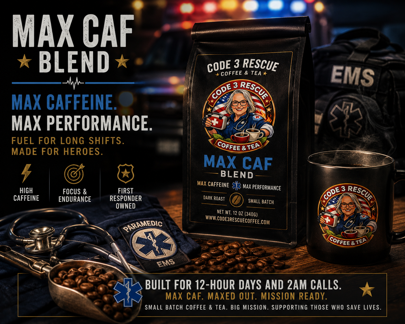Max Caf Blend coffee bag by Code 3 Rescue Coffee and Tea featuring a label with Maxcaffblend branding and fresh coffee grounds.