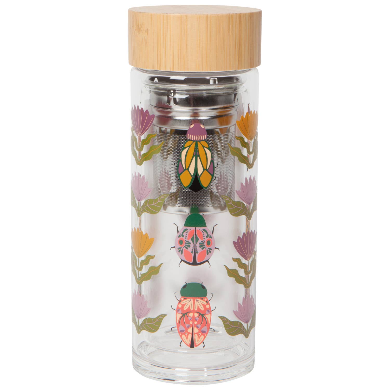 Slowly Danica Studio Amulet tea infuser bottle with stainless steel infuser and sleek glass body for brewing tea on the go.