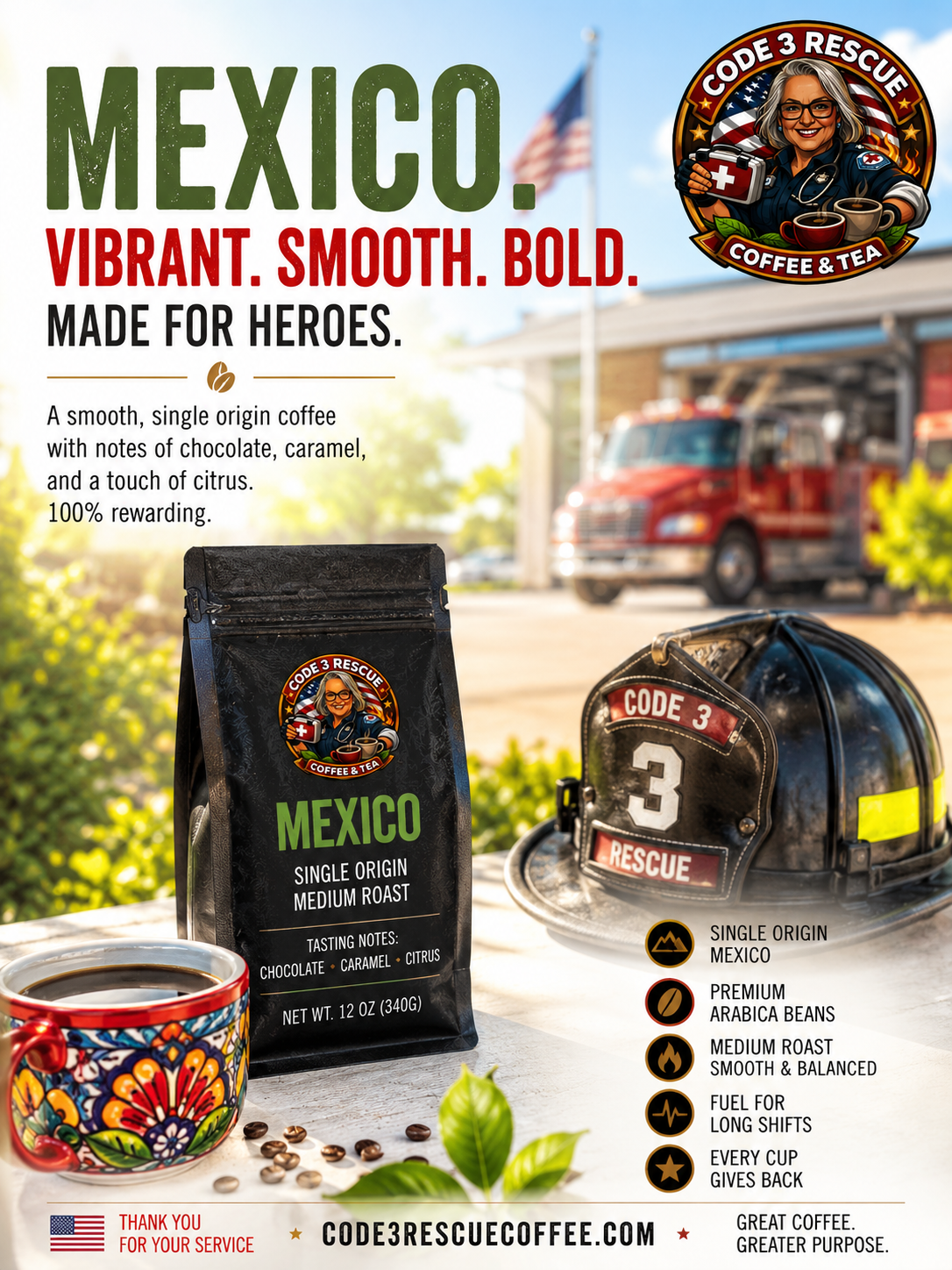 Code 3 Rescue Coffee and Tea Mexico map print featuring bright colors and detailed geographic features of the country.