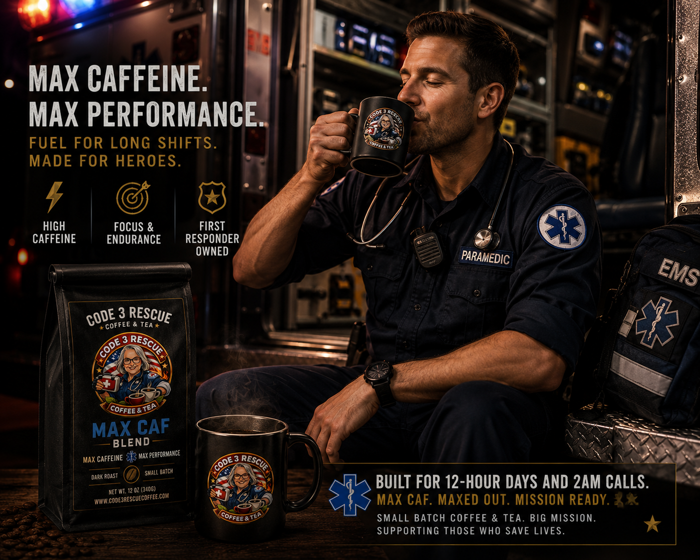 Max Caf Blend coffee bag by Code 3 Rescue Coffee and Tea featuring a label with Maxcaffblend branding and fresh coffee grounds.