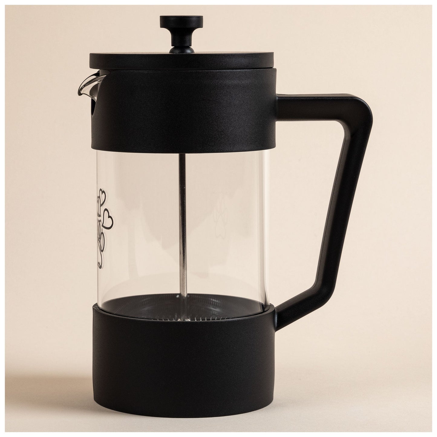 GreaterGood French Press serveware with "For the Love of Coffee & Paws" design, featuring a glass carafe and coffee filter.