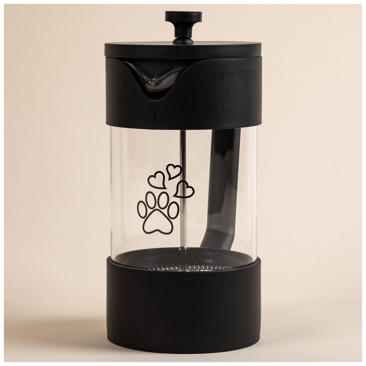 GreaterGood French Press serveware with "For the Love of Coffee & Paws" design, featuring glass body and stainless steel lid.