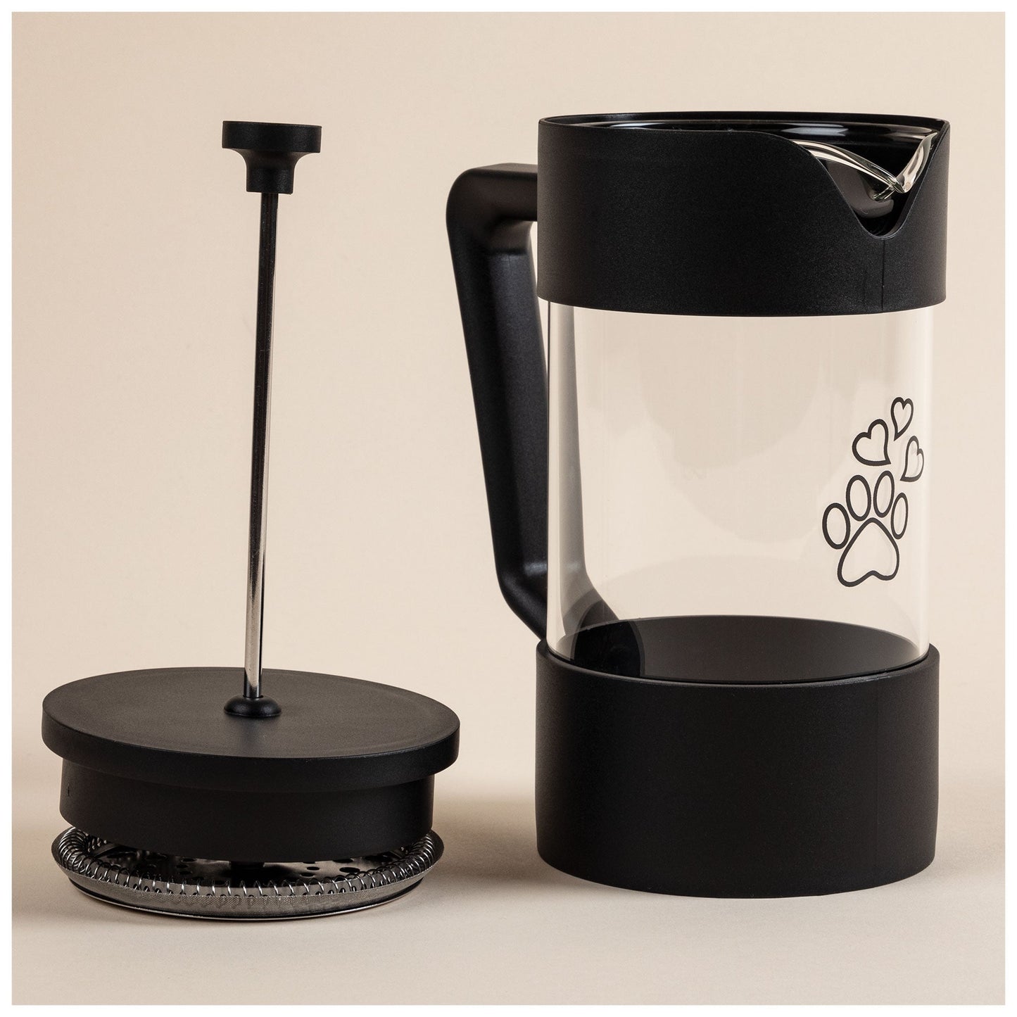 GreaterGood French Press serveware with "For the Love of Coffee & Paws" design, featuring a glass carafe and stainless steel lid.