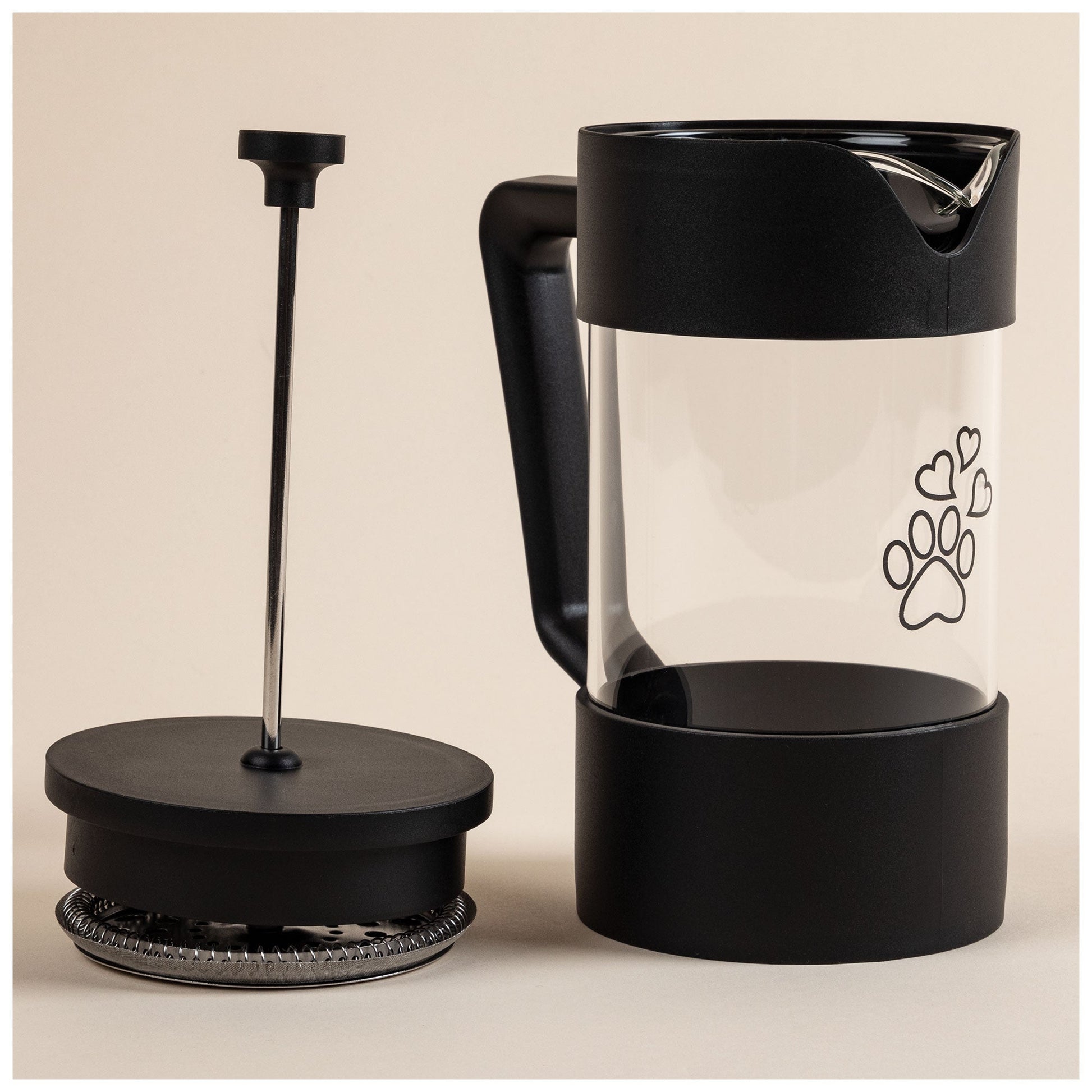 GreaterGood French Press serveware with "For the Love of Coffee & Paws" design, featuring a glass carafe and stainless steel lid.