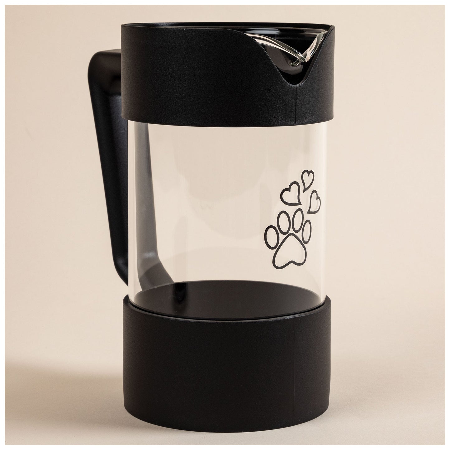 GreaterGood French Press serveware with "For the Love of Coffee & Paws" design, featuring a glass carafe and stainless steel lid.