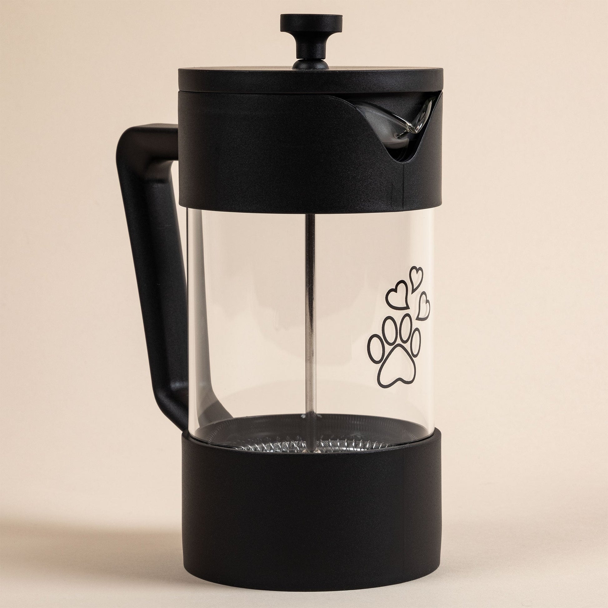 GreaterGood French Press serveware with "For the Love of Coffee & Paws" design, featuring a glass body and stainless steel lid.