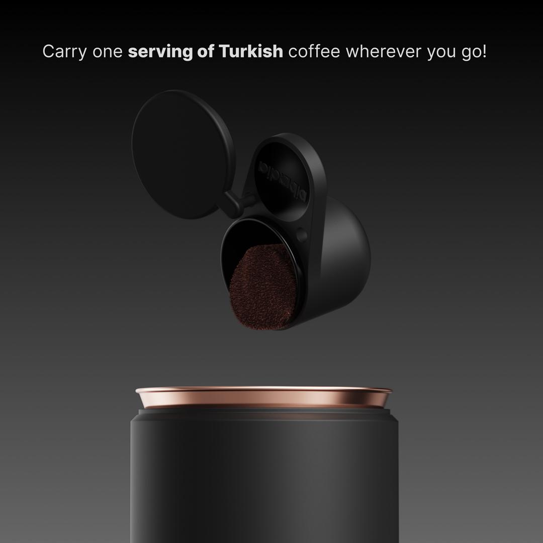 Black Arcadia Go portable rechargeable electric Turkish coffee maker with sleek design and compact size for on-the-go brewing.
