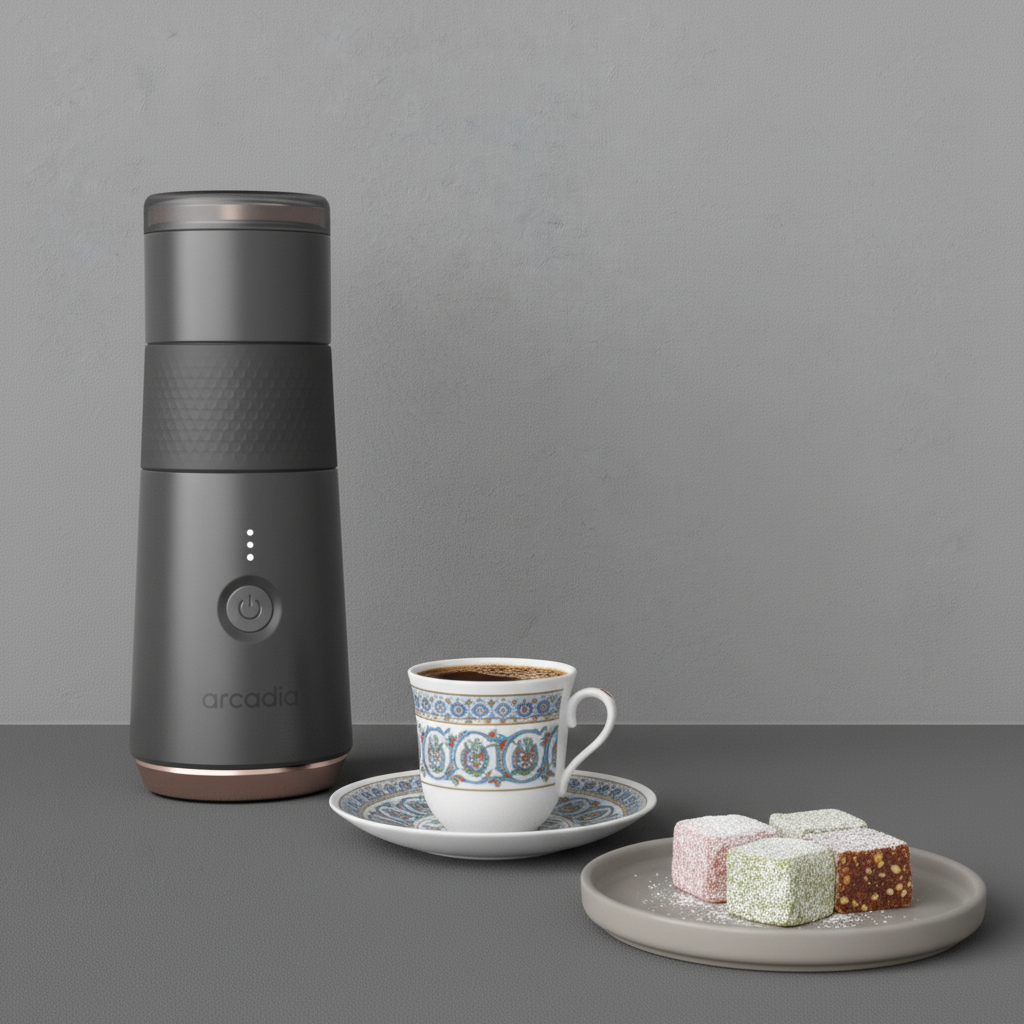 Black Arcadia Go portable rechargeable electric Turkish coffee maker with sleek design and compact size.