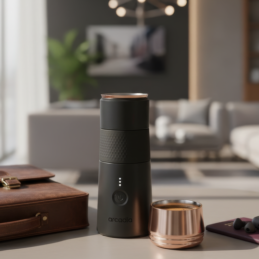 Black Arcadia Go portable rechargeable electric Turkish coffee maker with compact design and digital controls.