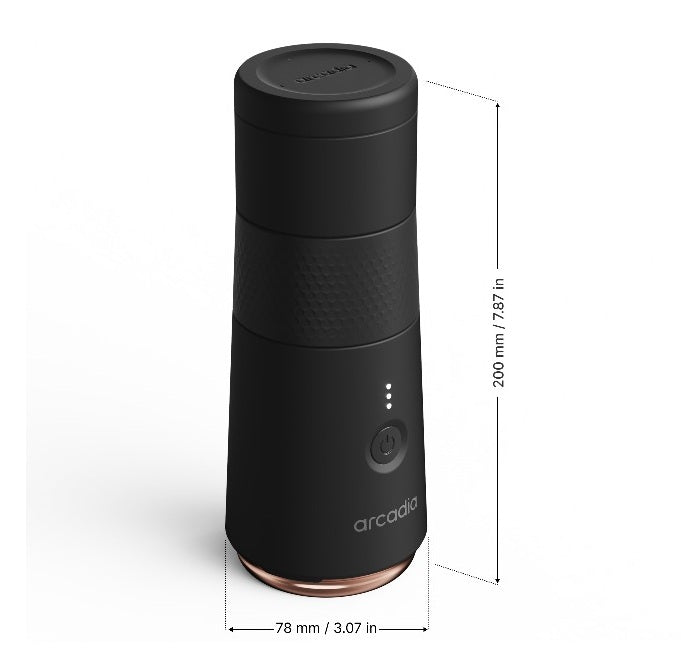 Black Arcadia Go portable electric Turkish coffee maker with compact design and rechargeable battery, ideal for brewing Turkish coffee on the go.