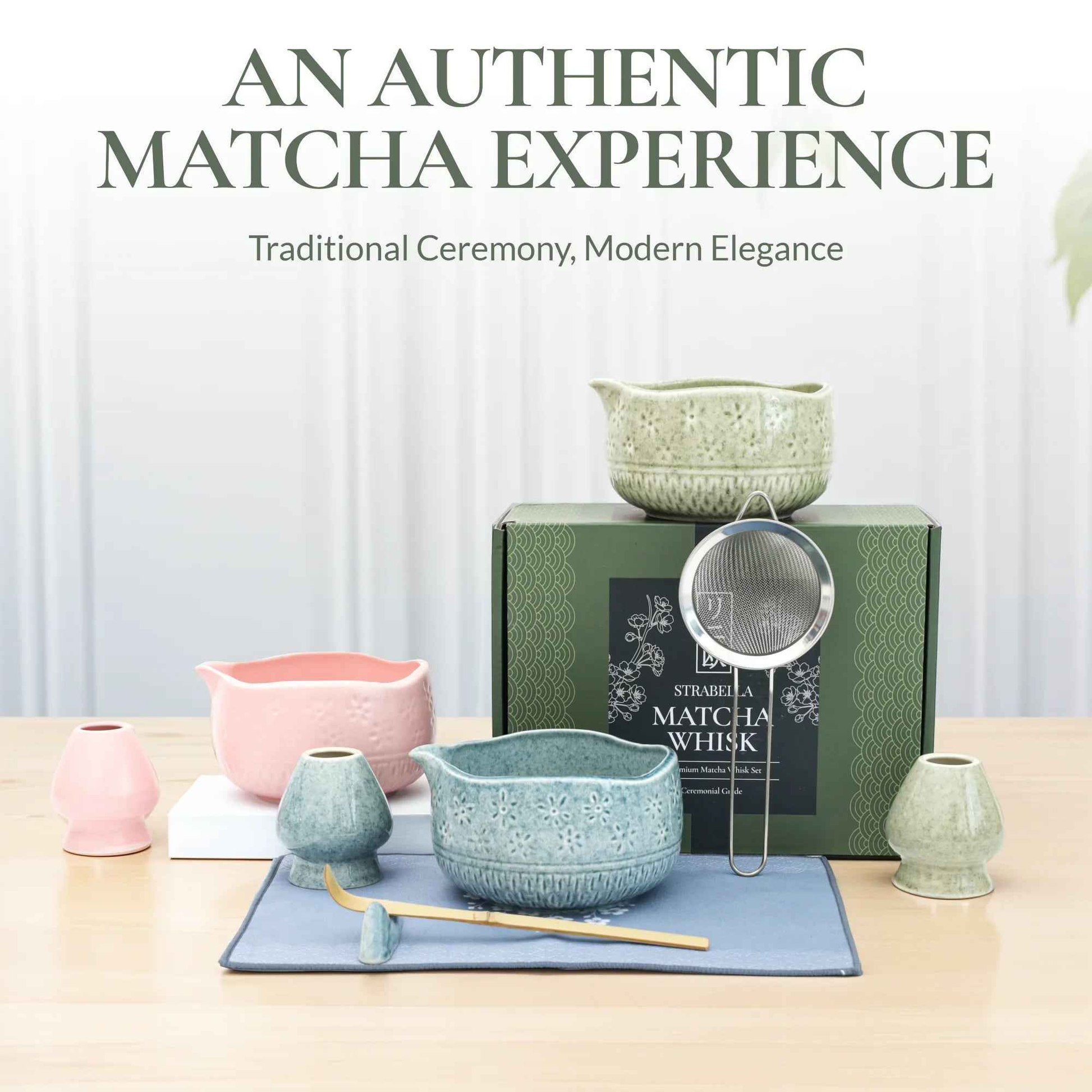Strabella Matcha whisk set with bamboo whisk and ceramic bowl for traditional matcha tea preparation.