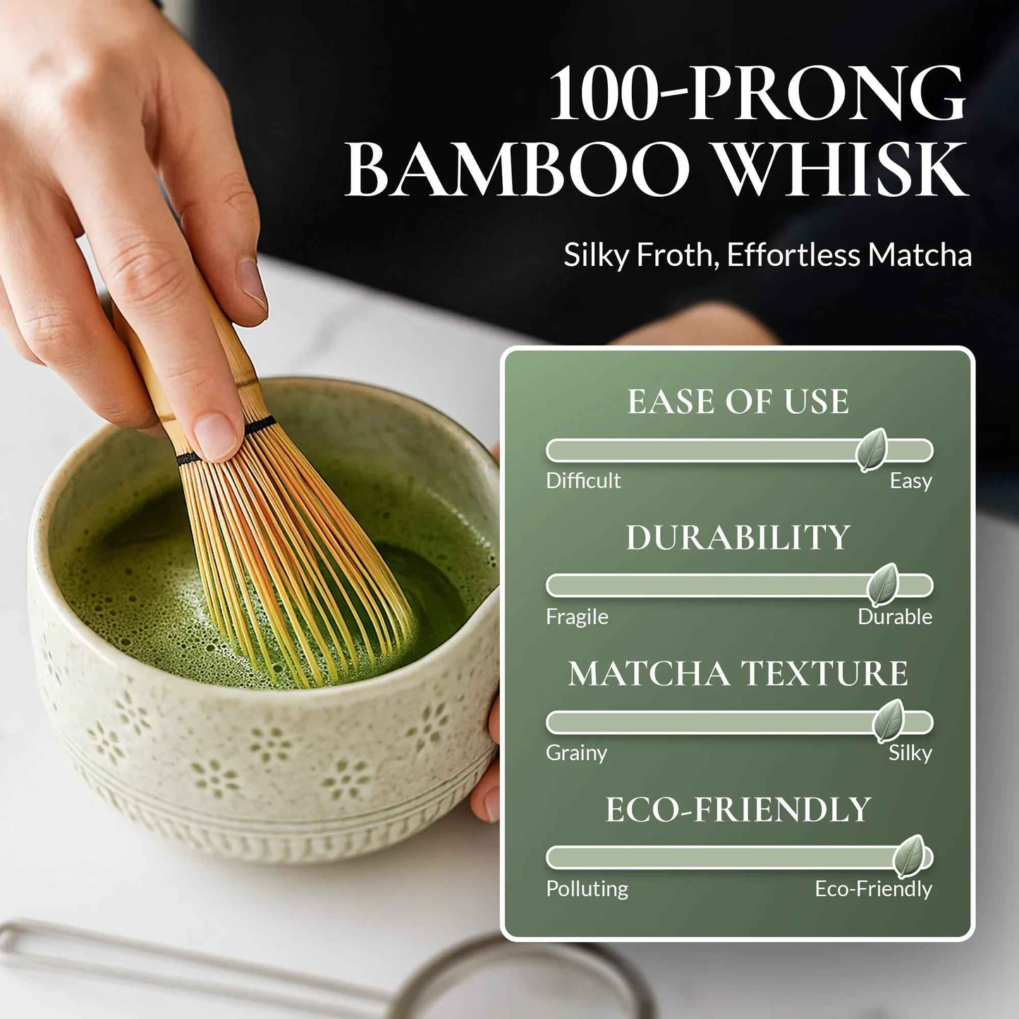 Strabella Matcha whisk set with bamboo whisk and ceramic bowl for traditional tea preparation.