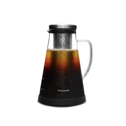 Ovalware Cold Brew Maker with glass carafe and stainless steel filter for smooth, homemade cold brew coffee.
