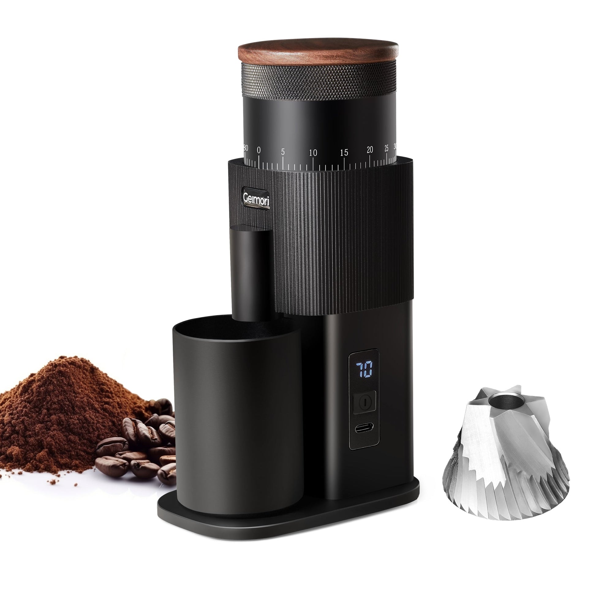 Wirsh Geimori T38 portable coffee grinder with 38mm conical burrs, 3600mAh battery, and stepless grind settings, compact and efficient.