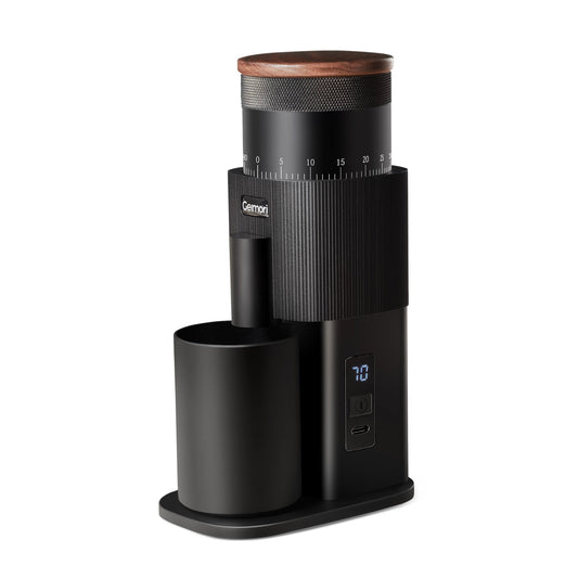 Wirsh Geimori T38 portable coffee grinder with 38mm conical burrs, stepless grind settings, and 3600mAh battery for on-the-go brewing.