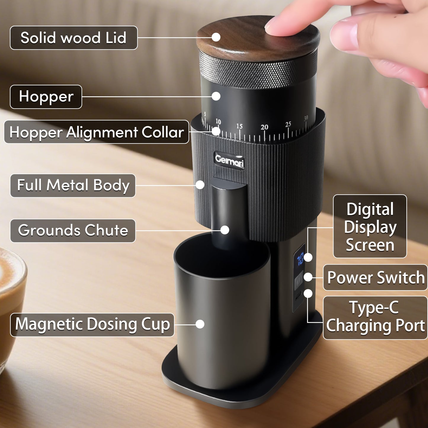 Wirsh Geimori T38 portable coffee grinder with 38mm conical burrs, stepless grind settings, and 3600mAh battery for travel brewing.