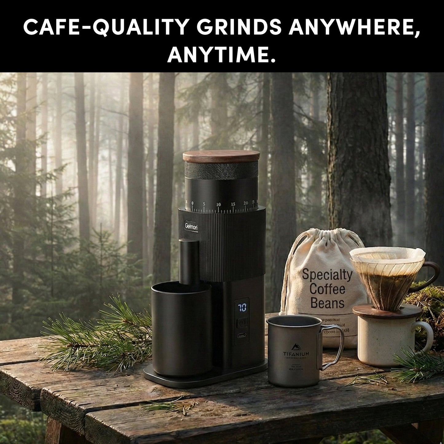 Wirsh Geimori T38 portable coffee grinder with 38mm conical burrs, 3600mAh battery, and stepless grind settings.