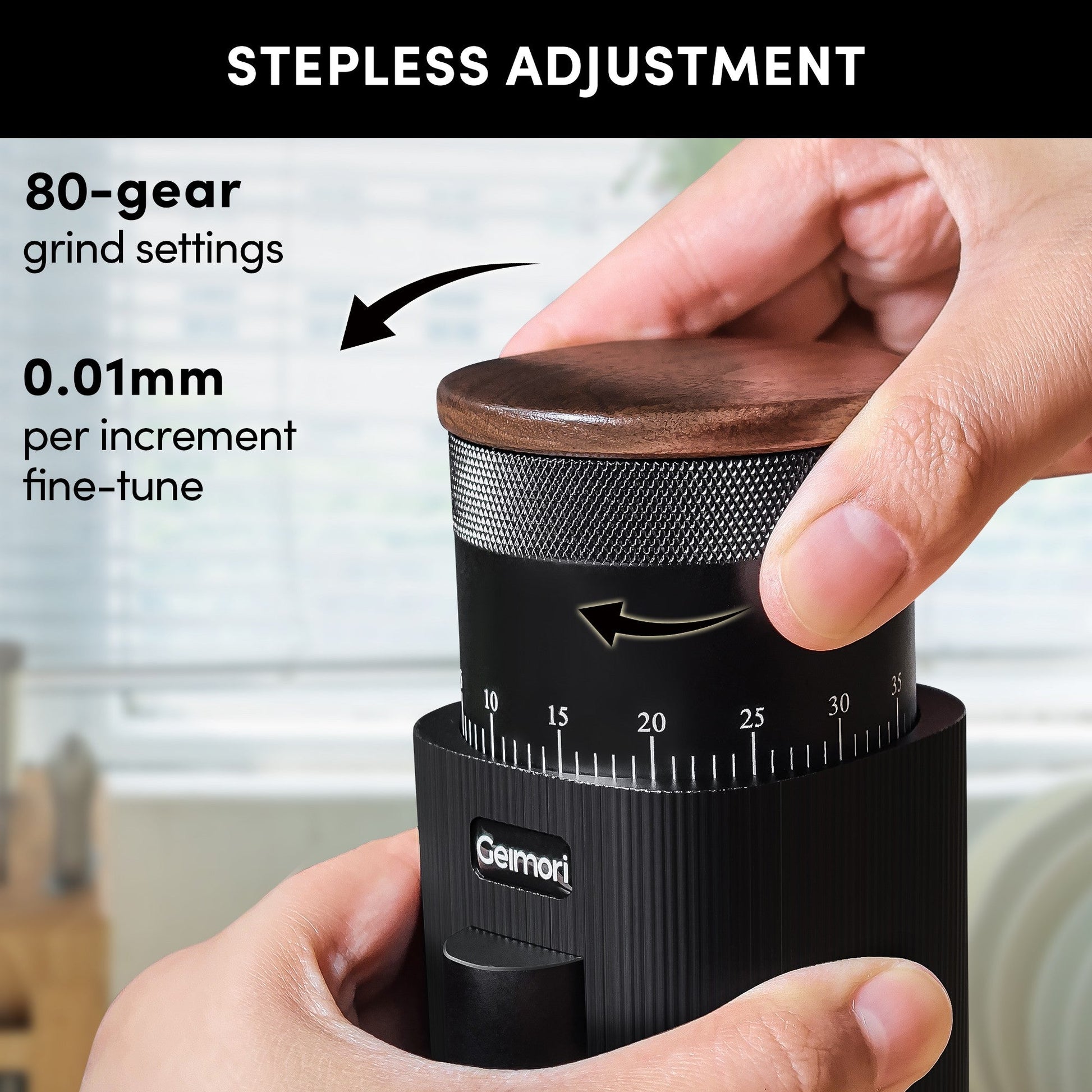 Wirsh Geimori T38 portable coffee grinder with 38mm conical burrs, stepless grind settings, and 3600mAh battery for fresh coffee.