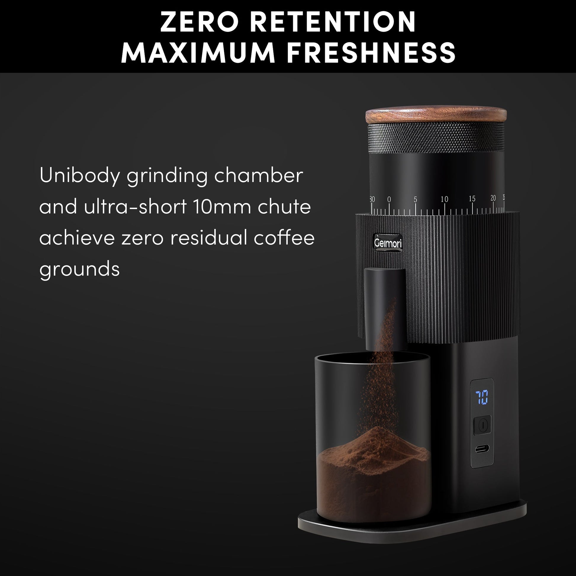 Wirsh Geimori T38 portable coffee grinder with 38mm conical burrs, 3600mAh batteries, and stepless grind settings in black.