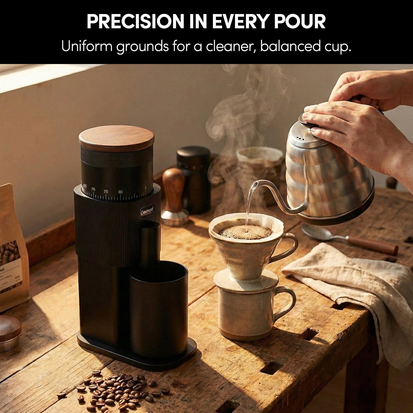 Wirsh Geimori T38 portable coffee grinder with 38mm conical burrs and stepless grind settings, featuring a 3600mAh battery for on-the-go brewing.