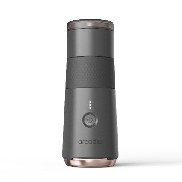 Black Arcadia Go portable rechargeable electric Turkish coffee maker with sleek design and compact size for easy brewing on the go.
