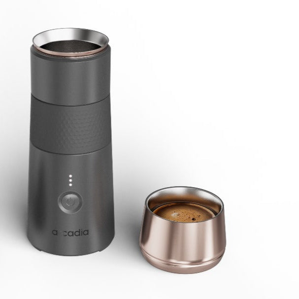 Black Arcadia Go portable rechargeable electric Turkish coffee maker with sleek design and compact size for brewing coffee on the go.