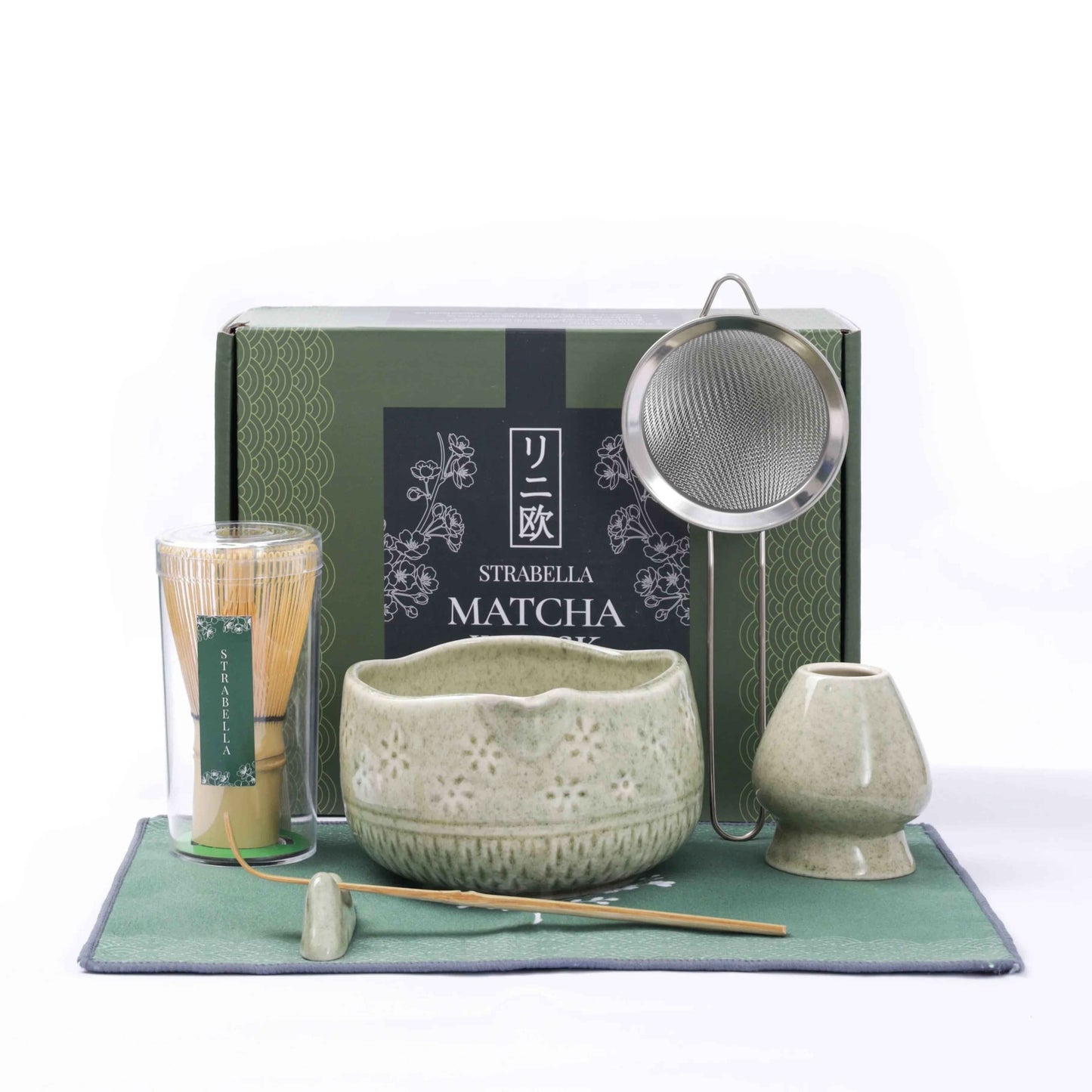 Strabella Matcha Whisk Set with bamboo whisk and ceramic bowl for preparing traditional matcha tea.