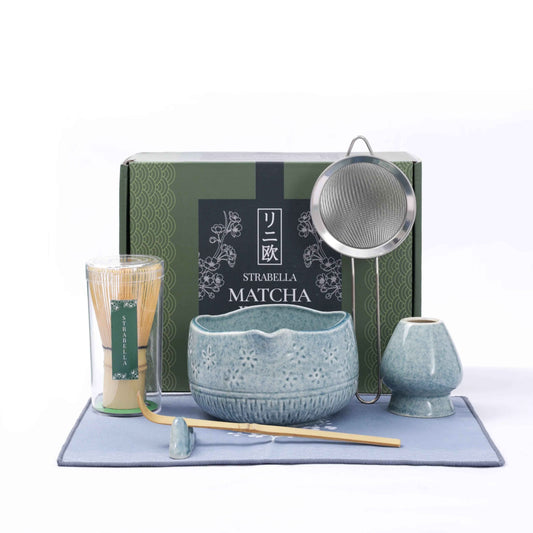 Strabella Matcha Whisk Set with bamboo whisk and ceramic bowl for preparing traditional Japanese matcha tea.