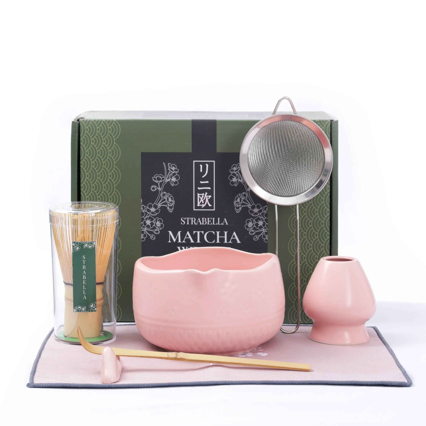 Strabella Matcha whisk set with bamboo whisk and ceramic bowl for traditional tea preparation.