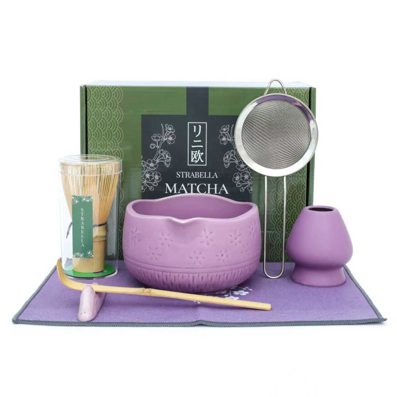 Strabella Matcha Whisk Set with bamboo whisk and ceramic bowl for traditional matcha tea preparation.