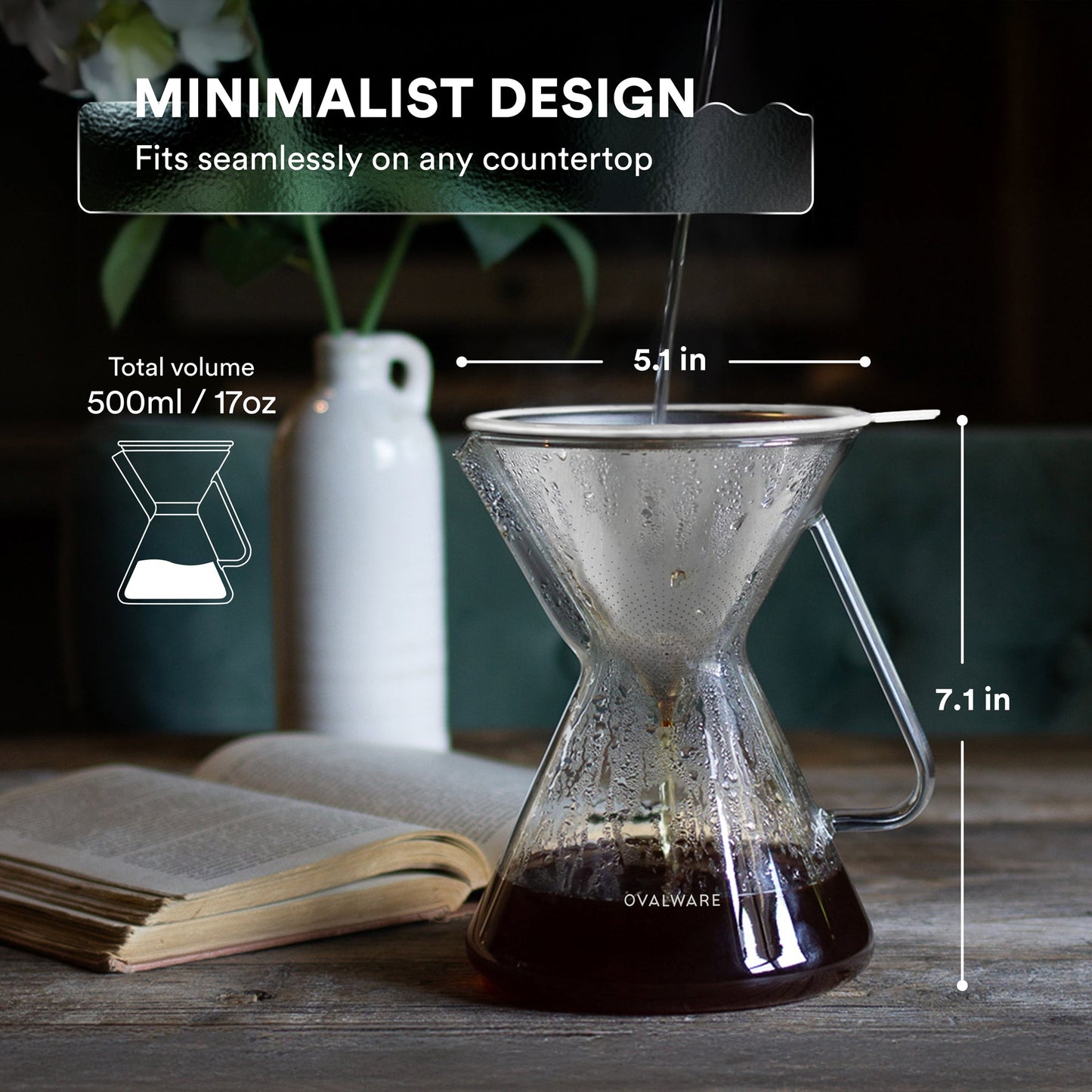 Ovalware pour over coffee maker with filter, 500ml (17oz), featuring a sleek design for fresh brewed coffee.