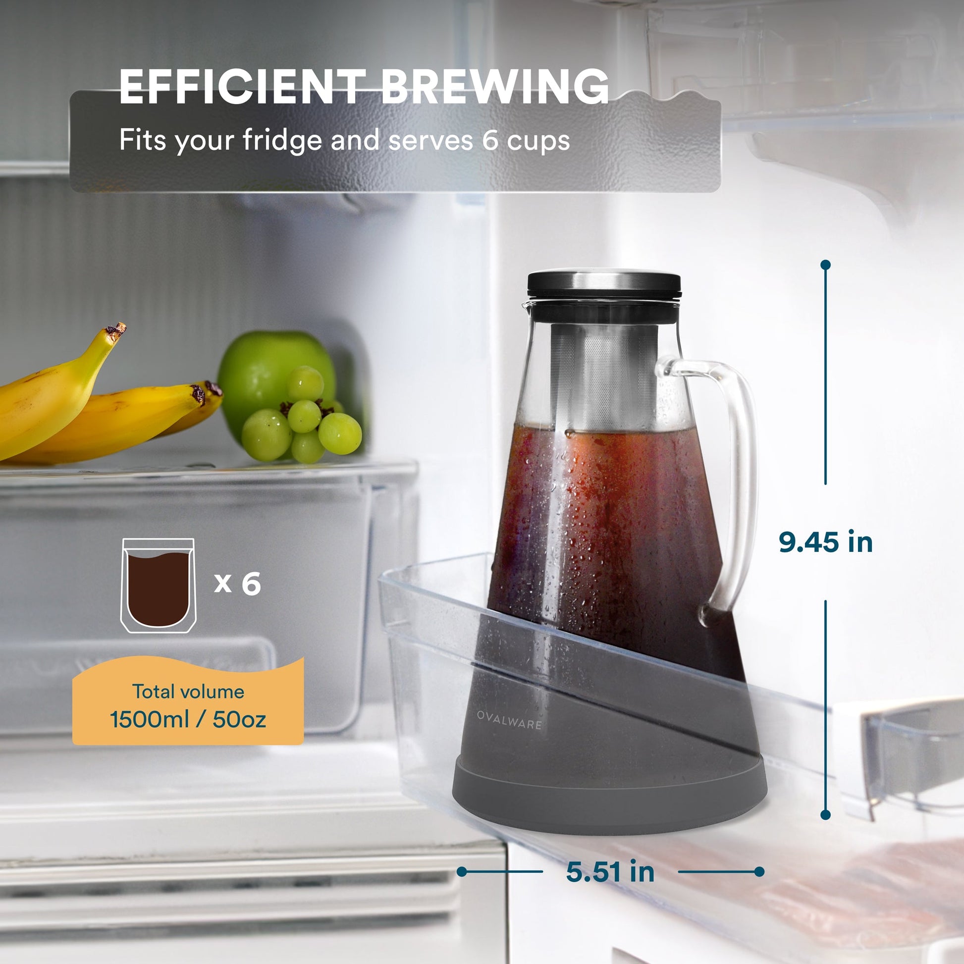 Ovalware Cold Brew Maker with glass carafe and stainless steel filter for easy, smooth cold brew coffee preparation.
