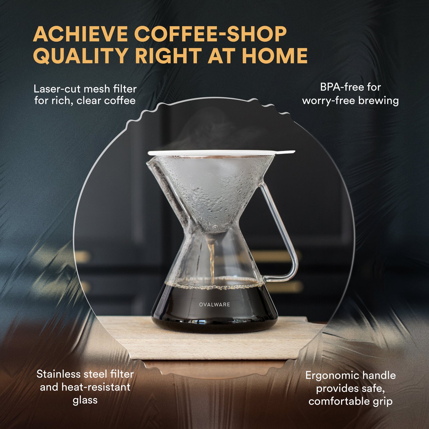 Ovalware pour over coffee maker with filter, 500ml/17oz, showcasing glass carafe and reusable filter for fresh brewed coffee.