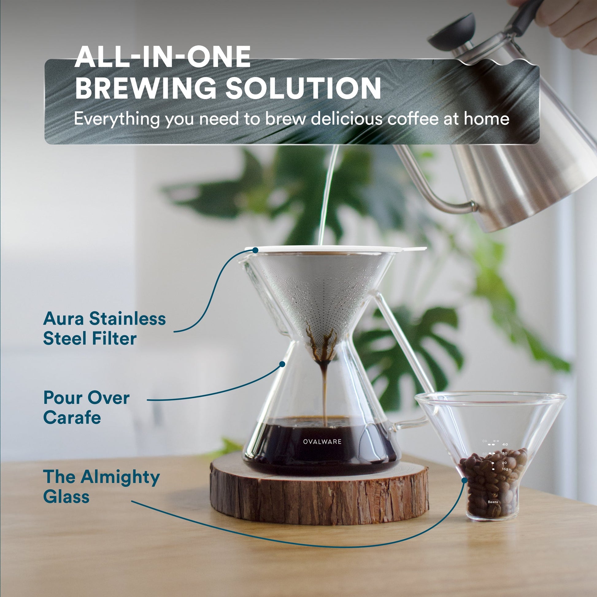 Ovalware pour over coffee maker with 500ml filter, featuring a sleek glass carafe and stainless steel drip filter for fresh brewing.