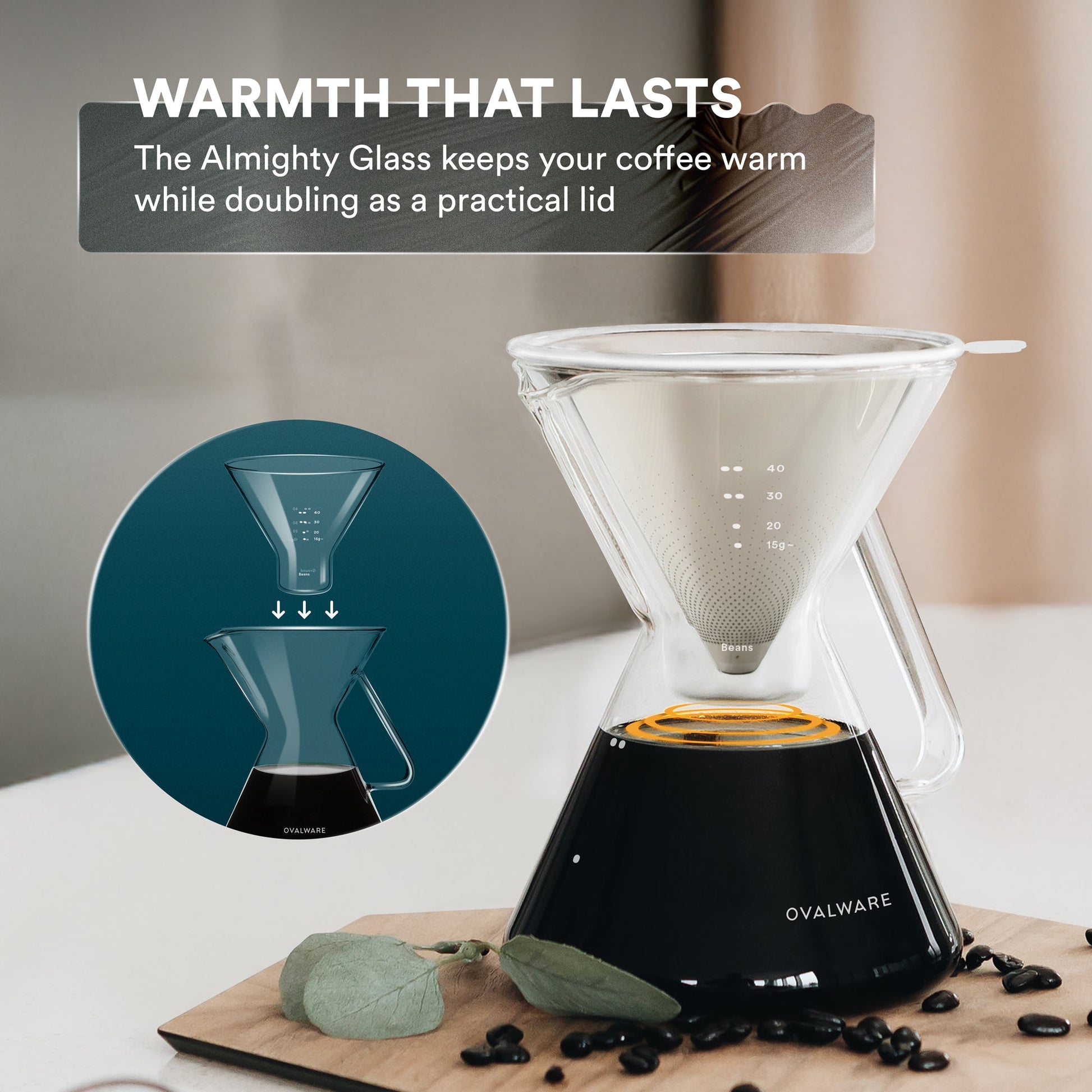 Ovalware pour over coffee maker with filter, 500ml (17oz), showcasing a sleek glass carafe and reusable filter for fresh brewing.