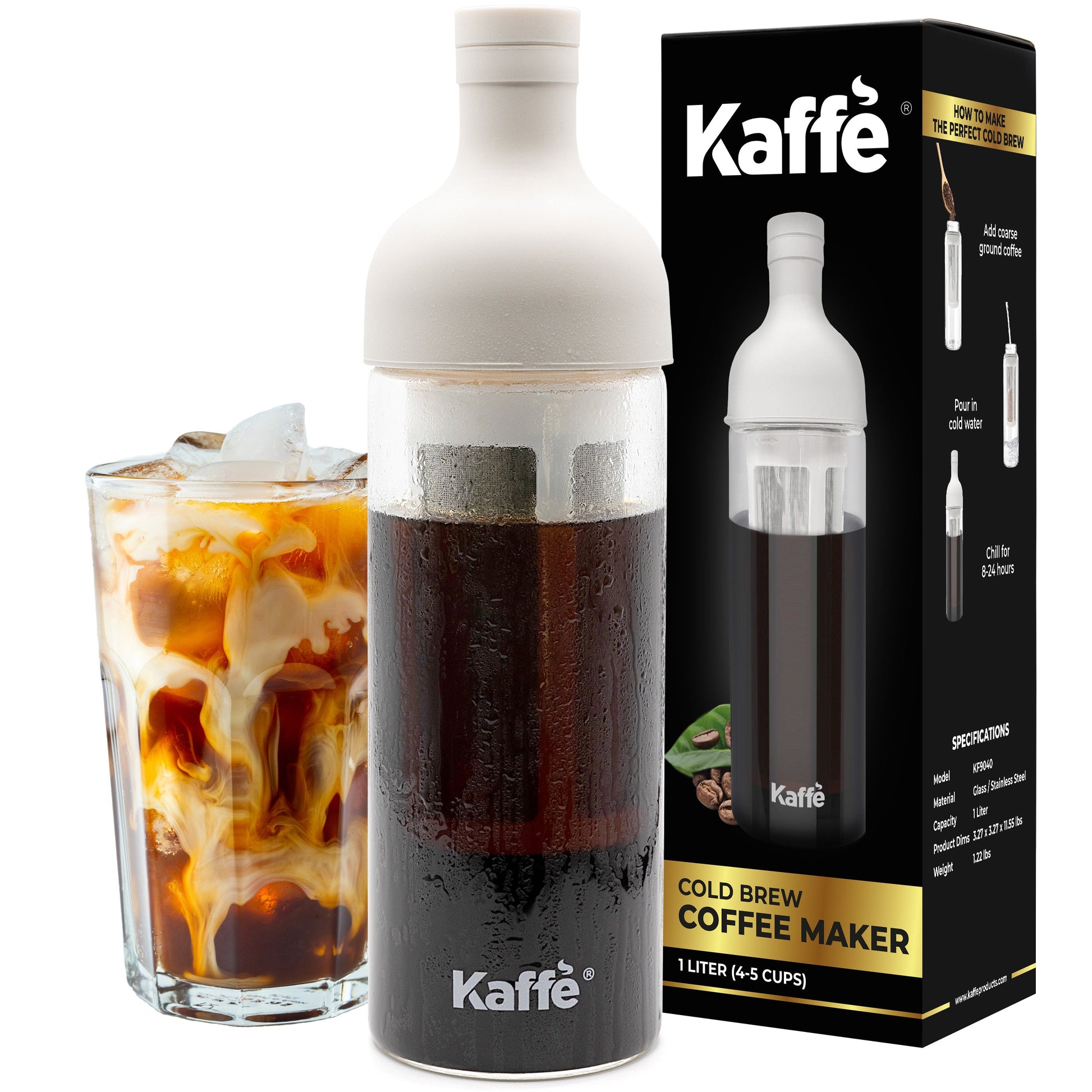 Kaffe Products Cold Brew Coffee Maker KF9040 with glass pitcher, black lid and filter for smooth cold brew coffee.
