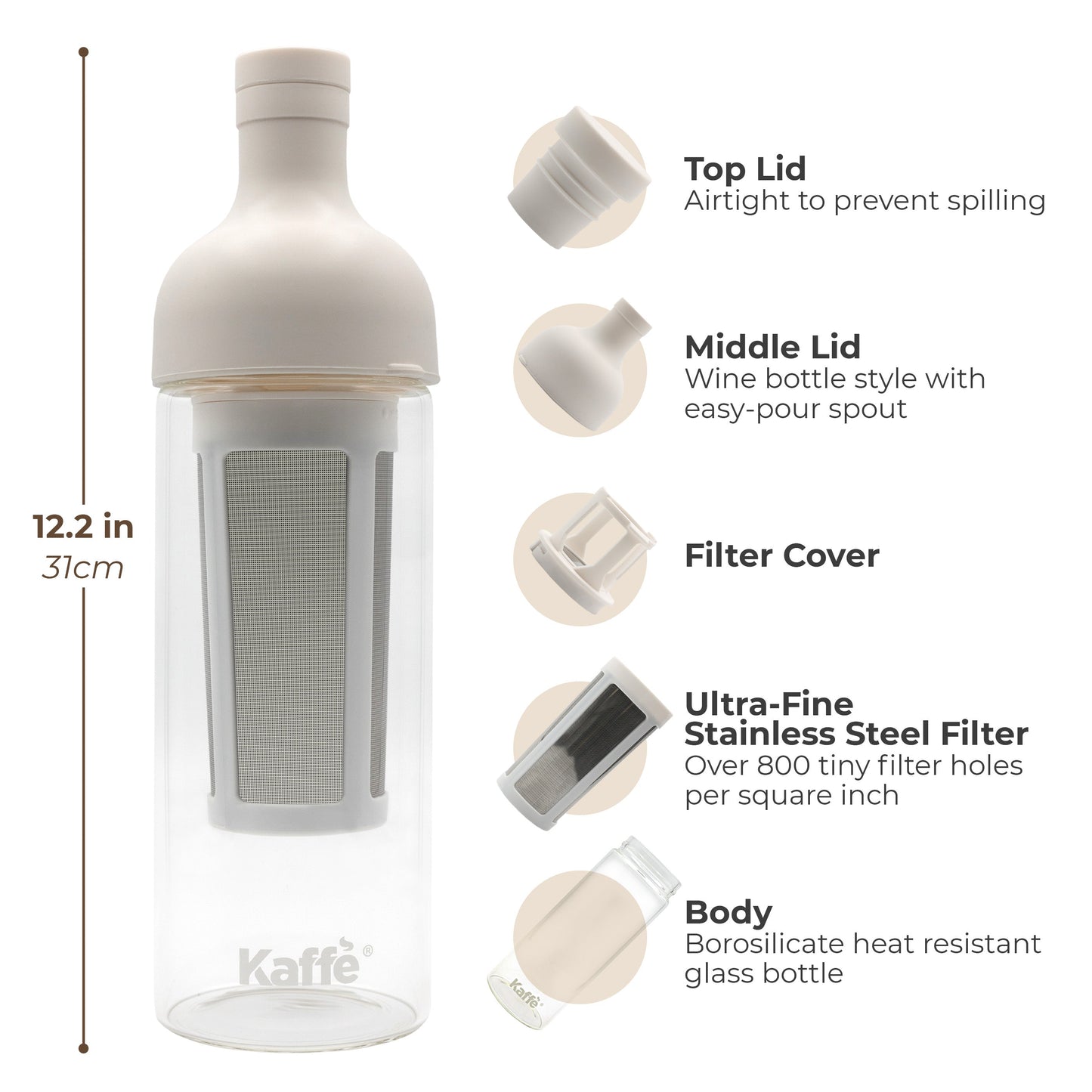 Kaffe Products Cold Brew Coffee Maker KF9040 with glass carafe, black lid, and filter for smooth cold brewed coffee at home.