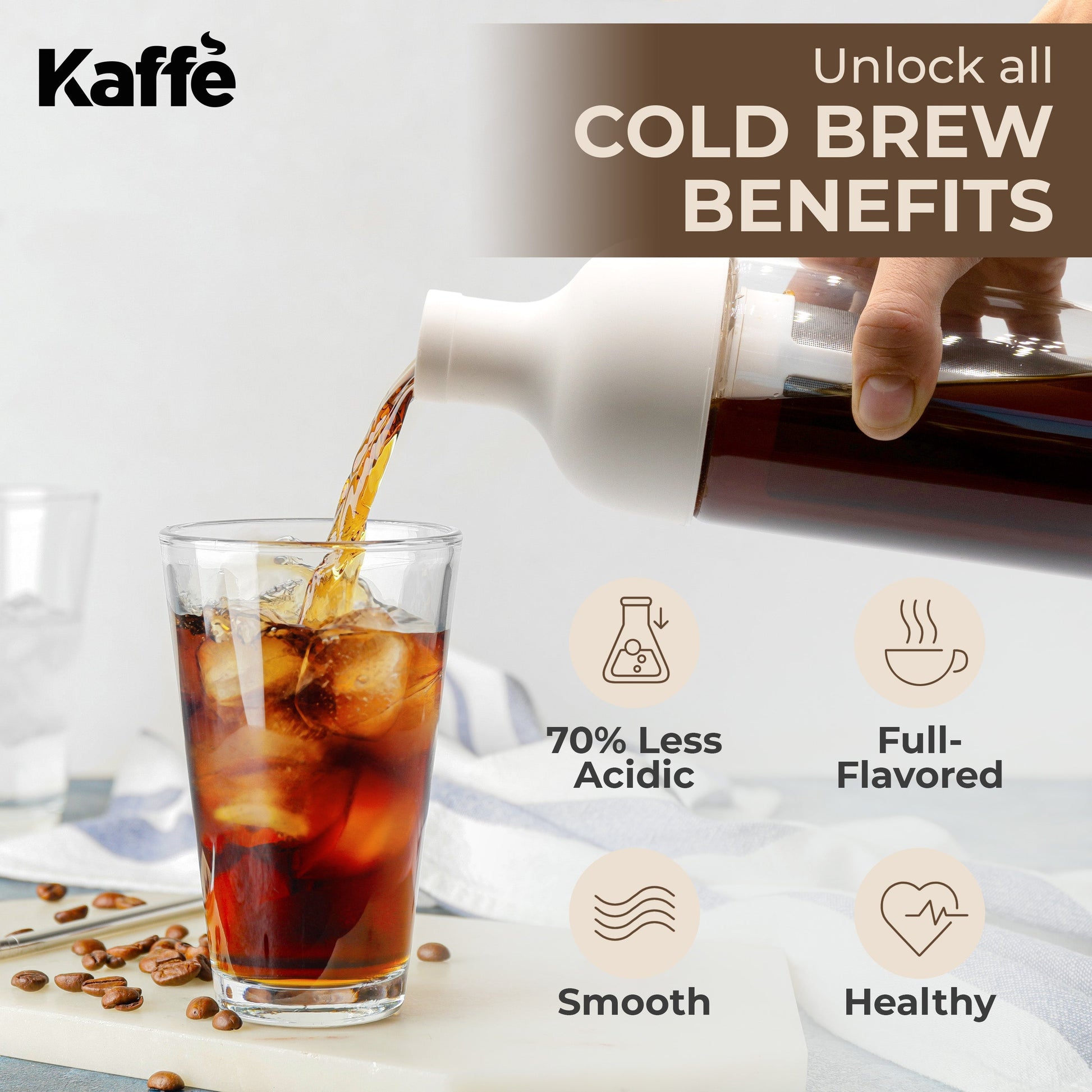 Kaffe Products Cold Brew Coffee Maker KF9040 with glass carafe and brewing chamber, ideal for making smooth cold brew coffee at home.
