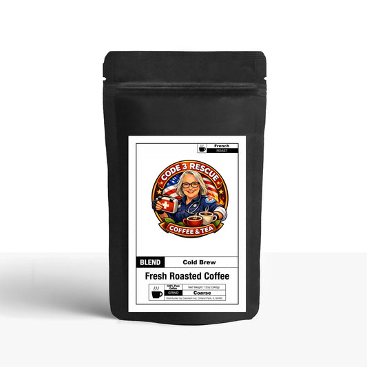 Label of 12oz Code 3 Rescue Coffee Cold Brew Coffee bag showing branding and product details.
