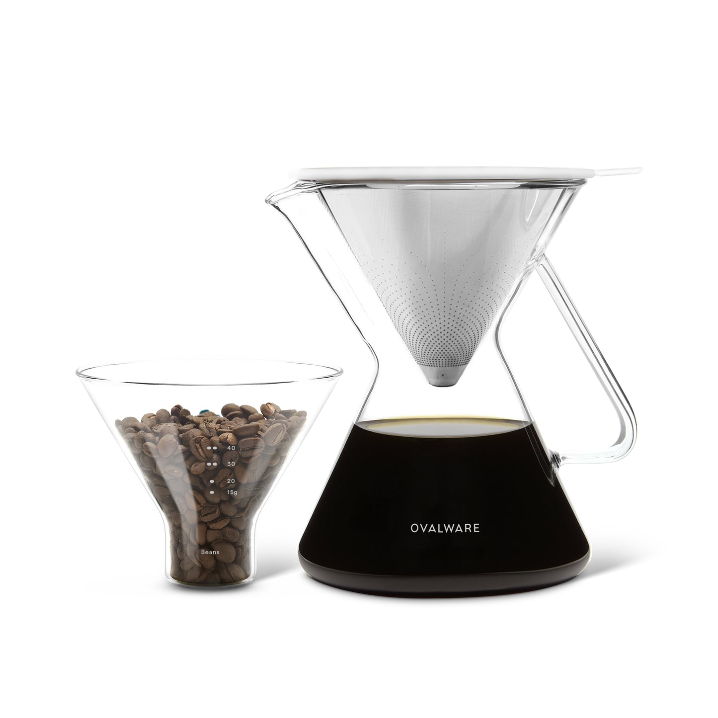 Ovalware pour over coffee maker with filter, 500ml/17oz, featuring a sleek glass carafe and reusable filter for fresh brewing.