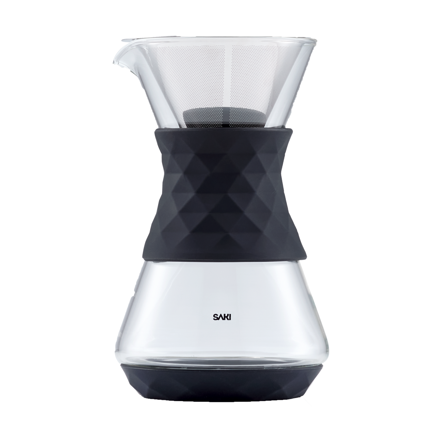 Clear glass pour-over coffee maker from SAKI with a cone-shaped dripper and handle, perfect for fresh brewed coffee.