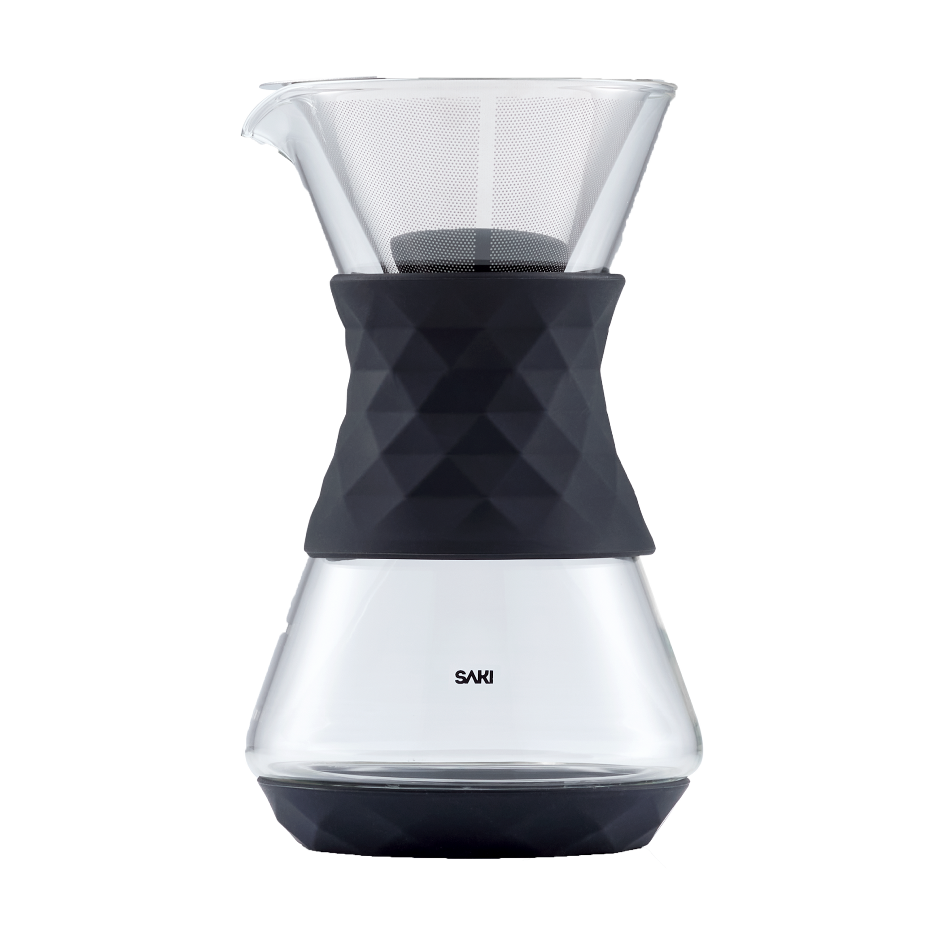 Clear glass pour-over coffee maker from SAKI with a cone-shaped dripper and handle, perfect for fresh brewed coffee.