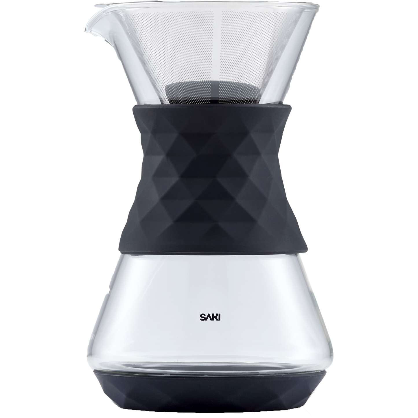 Clear glass pour-over coffee maker by SAKI with a ceramic dripper and stainless steel filter for fresh brewed coffee.