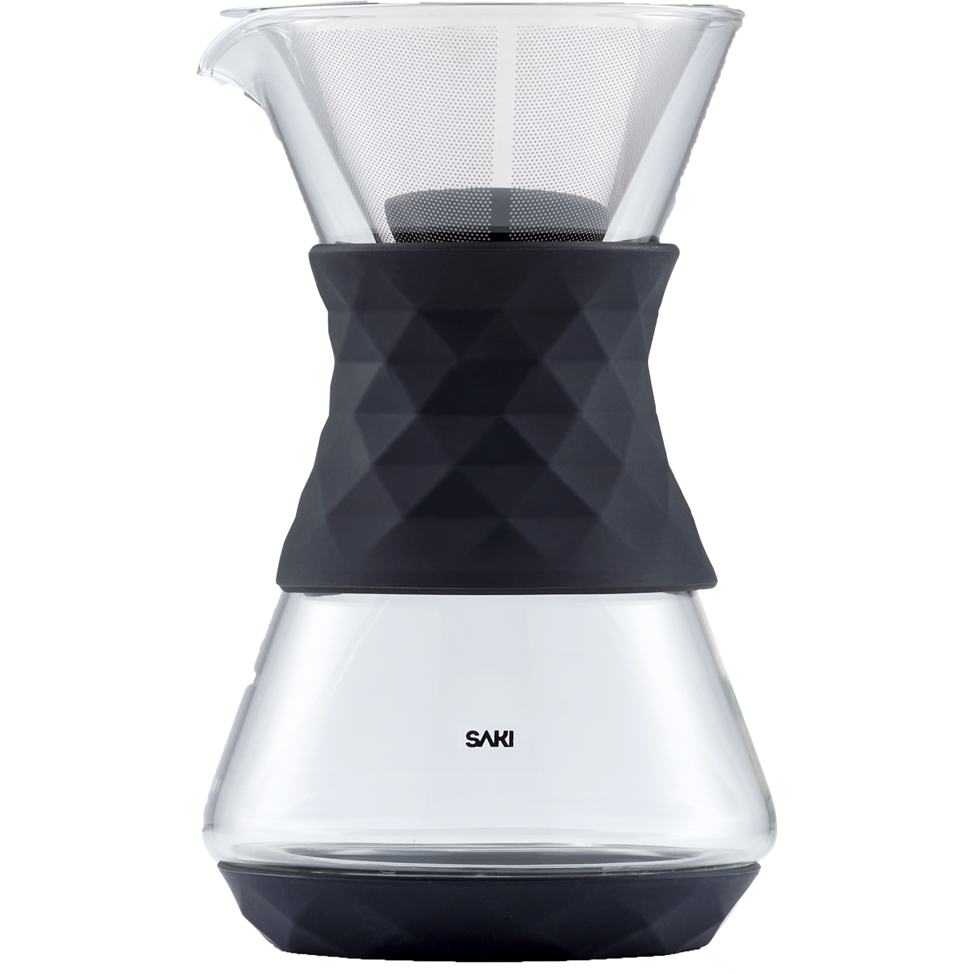 Clear glass pour-over coffee maker by SAKI with a ceramic dripper and stainless steel filter for fresh brewed coffee.
